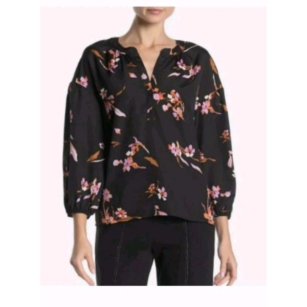 Joie Eilga Floral Printed Split Neckline Dropped Shoulders Elasticized Cuffs L - Picture 2 of 9